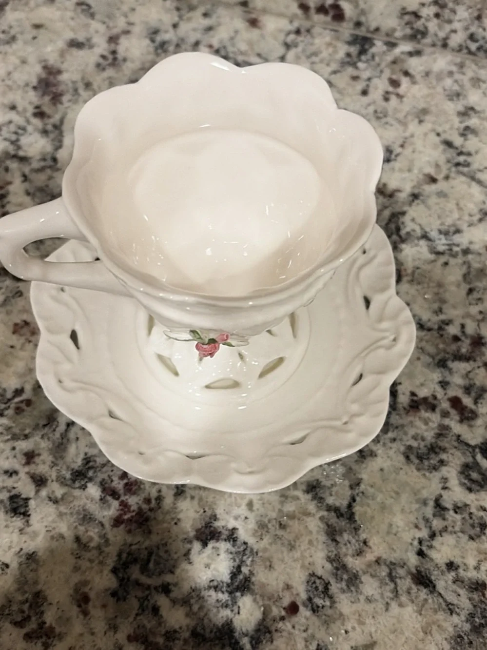 White Ceramic Pedestal Teacup and Saucer with Pink Rose Accents